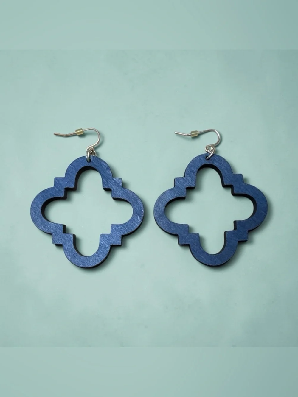 Navy Blue Quatrefoil Wooden Dangle Earrings
